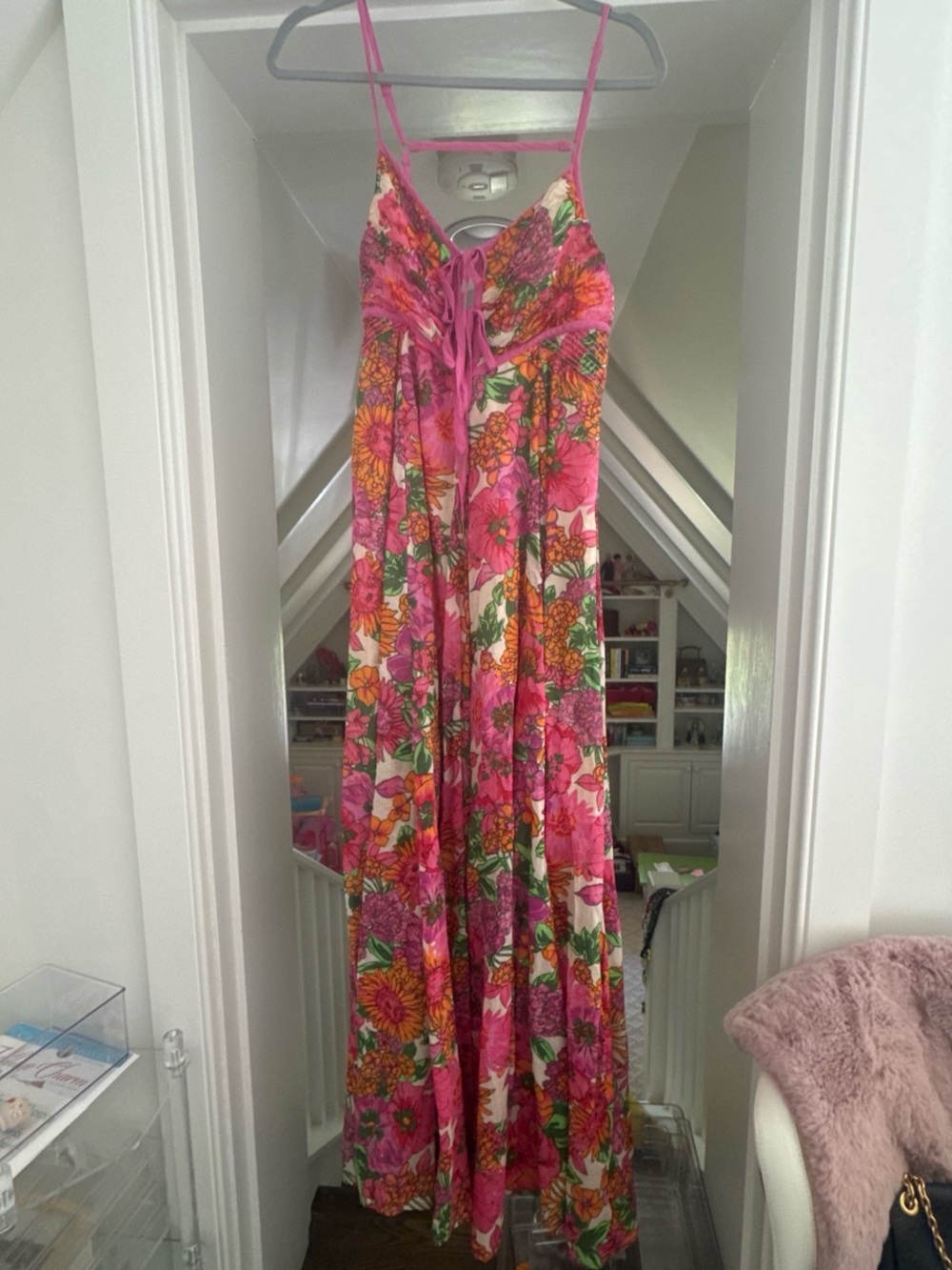Free People Pink Floral Maxi Dress with Green & Orange Blooms